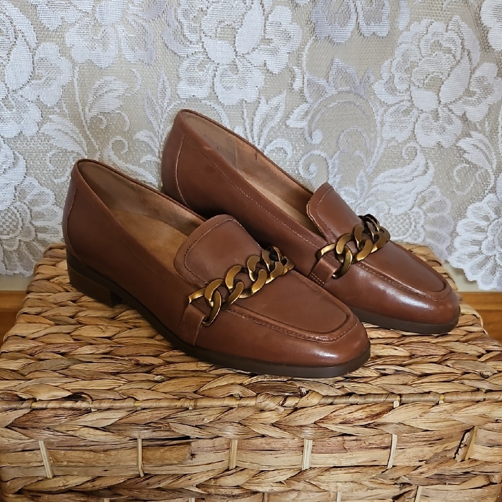 Vionic Women's Brown Leather Gold Chain Loafers Mizelle Monk